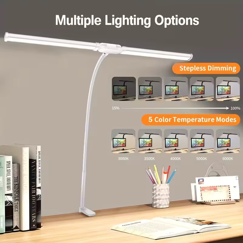 VENUSWING 2-Kopf LED Schreibtischlampe mit Clip, Weiß, USB-Betrieb, 5 Modi und 10 Helligkeitsstufen, verstellbarer Winkel mit Touch-Steuerung für Home Office und zum Lesen - Bild 2