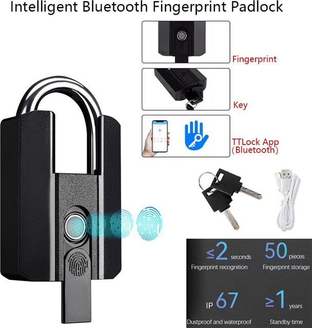 luxuglow Intelligentes Bluetooth-Fingerabdruck-Vorhängeschloss mit TTLock App-Steuerung und Schlüssel, Farbe: Schwarz - Bild 1