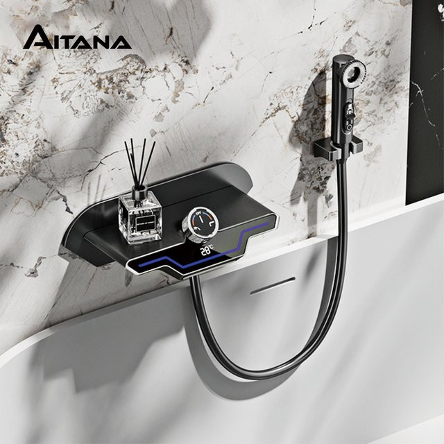 Aitana Thermostat-Badarmatur aus Messing in Mattschwarz mit LED-Digitalanzeige für die Wandmontage zur Badewanne - Bild 1