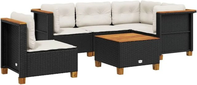 vidaXL 6-tlg Garten-Sofagarnitur in L-Form aus Polyrattan und Akazienholz mit Kissen, Schwarz - Bild 1