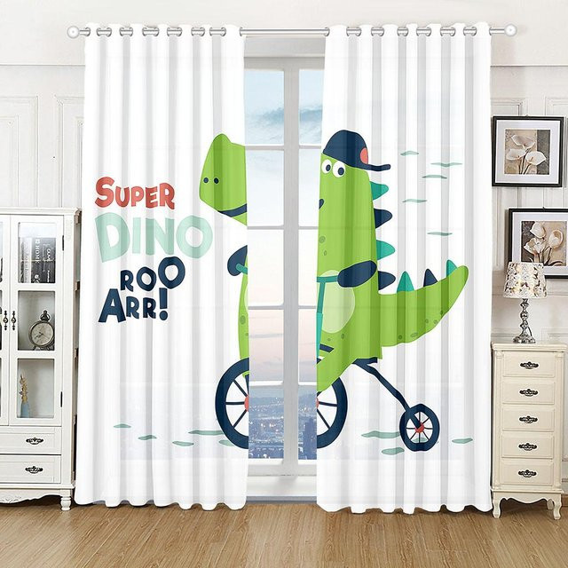 Dinosaurier Cartoon Vorhänge für Kinder mit Tier-Dschungel-Motiv, 2er-Set, Weiß, semi-transparent, Breite: 50 cm, Höhe: 160 cm - Bild 1