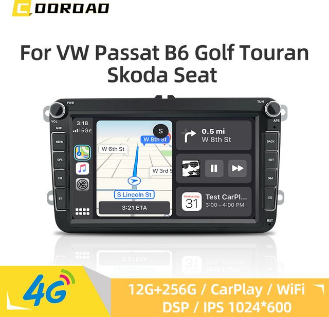 COOROAD Android 14.0 Auto-Multimedia-Player mit CarPlay, GPS Navigation, 4G und WiFi in Schwarz für VW Tiguan Touran Passat sowie Skoda und Seat - Bild 1