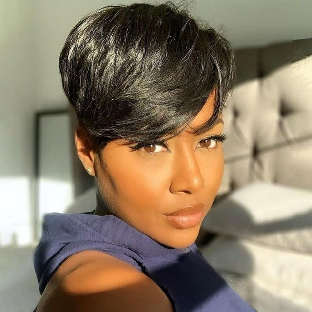 OYM HAIR Echthaar-Perücke, Pixie-Schnitt mit Pony, Schwarz, Remy-Echthaar - Bild 1