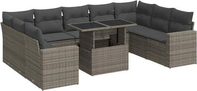 vidaXL 10-tlg. Garten-Sofagarnitur in L-Form aus grauem Poly-Rattan mit Kissen und pulverbeschichtetem Stahlgestell - Bild 1