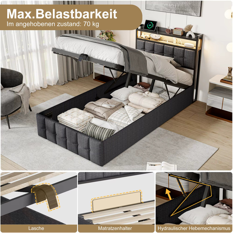 Rosahqnda Polsterbett in Grau mit LED-Beleuchtung, USB-Anschluss und Stauraum, Breite: 90 cm, Länge: 200 cm - Bild 4