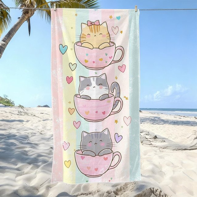 JMG Household Supplies Strandtuch mit Pastell Regenbogen Kätzchen in Teetasse Motiv, Multicolour, B/T: 70 x 150 cm - Bild 1