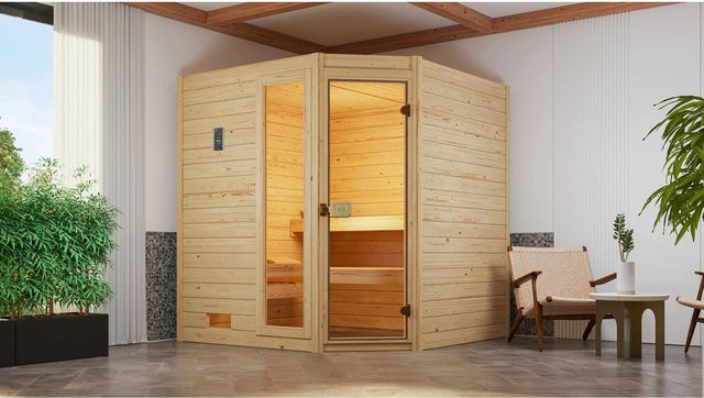 WEKA Massivholzsauna Valida Eck 2 für 6 Personen in Braun mit 5,4 kW Ofen und integrierter Steuerung - Bild 3