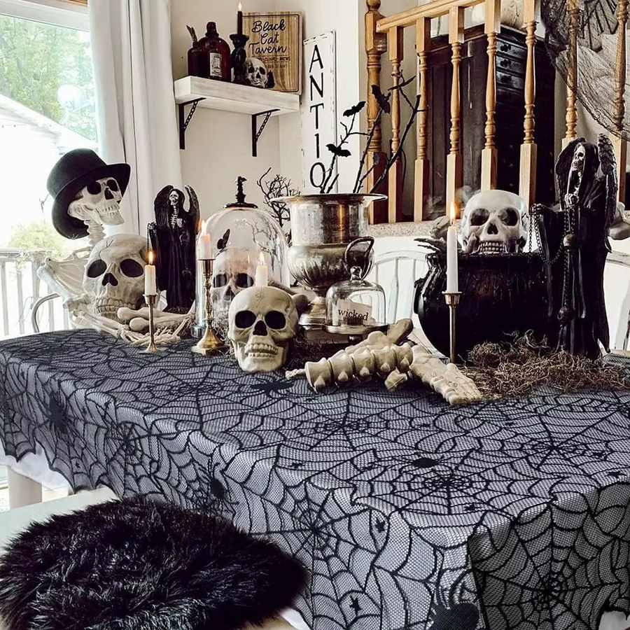 LuoluoHouse Elegante Halloween Tischdecke aus schwarzer Spitze mit Spinnennetz-Design für deine Horror-Party-Dekoration - Bild 3