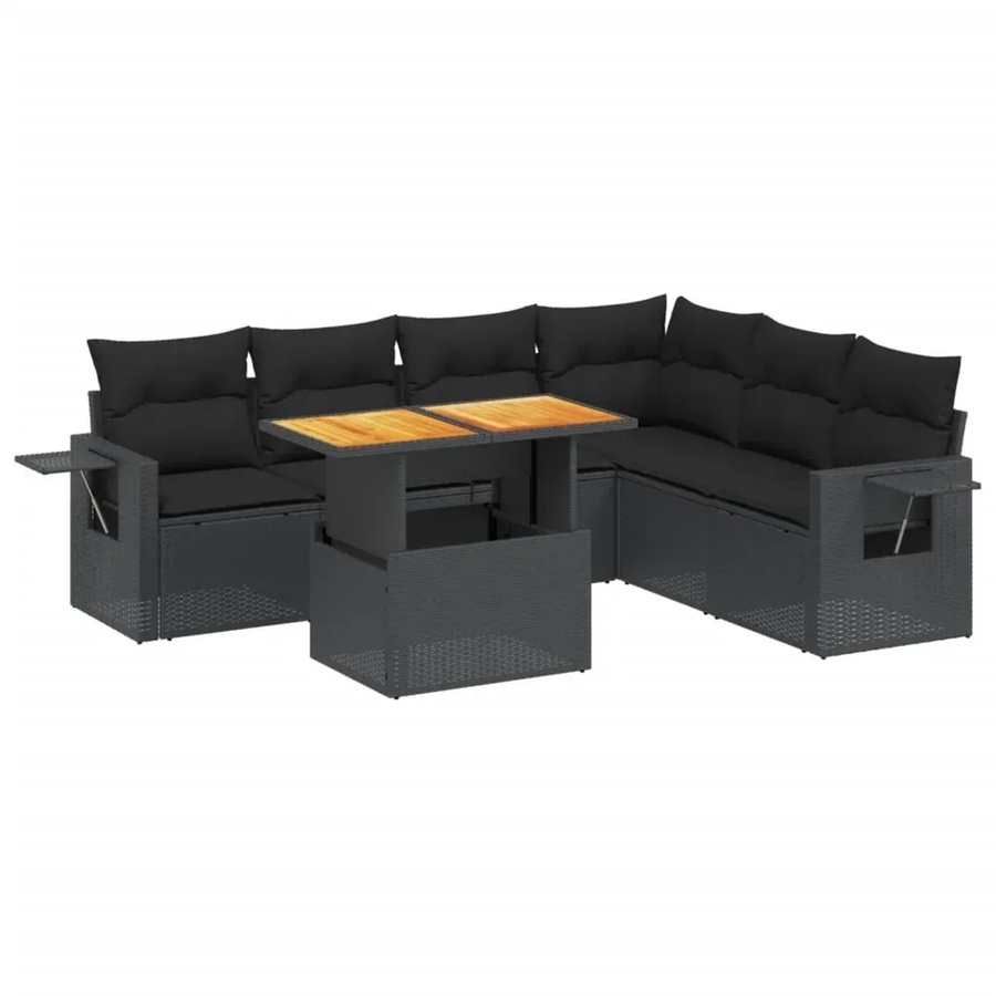 vidaXL 7-tlg. Garten-Sofagarnitur in L-Form aus schwarzem Poly-Rattan mit Kissen und pulverbeschichtetem Stahlgestell - Bild 2