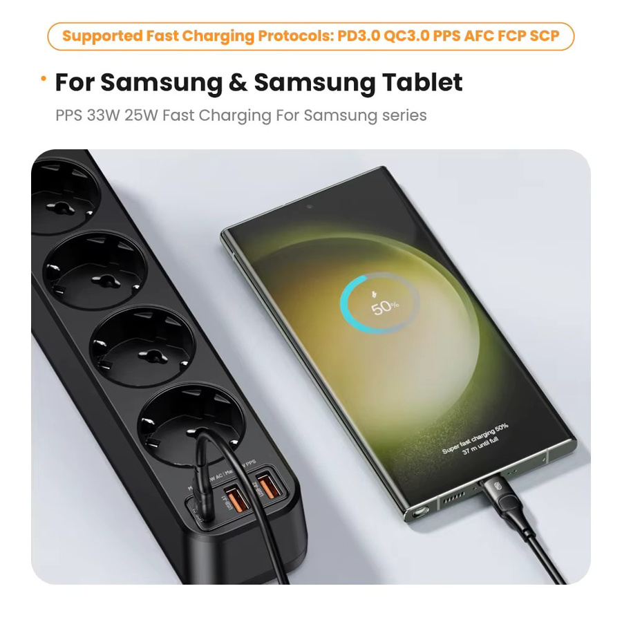 ASOMETECH Steckdosenleiste mit Netzwerkfilter und Überspannungsschutz in Schwarz, 1,5 m Kabel, inklusive 3 USB-PD Schnellladeanschlüssen mit 33 W PPS - Bild 4