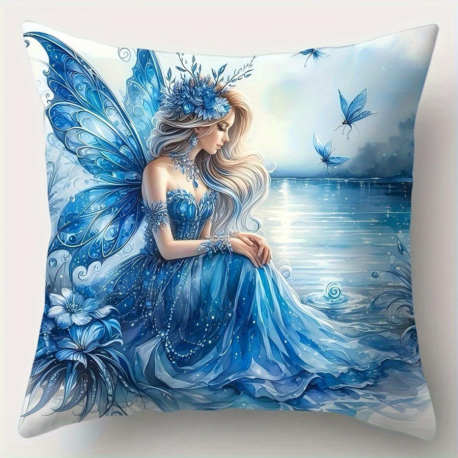 Dekorativer Kissenbezug mit Fantasy Fee und Aquarell Mond Meer Design von Tinika Chen, B/T/H: 18 x 18 x 18 cm - Bild 2
