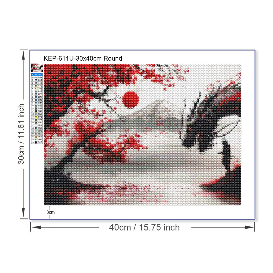 QIZITENG 5D Diamantmalerei Japanische Landschaft Tuschemalerei mit Sakura Motiv, Multicolour, B/H: 30 x 30 cm - Bild 1