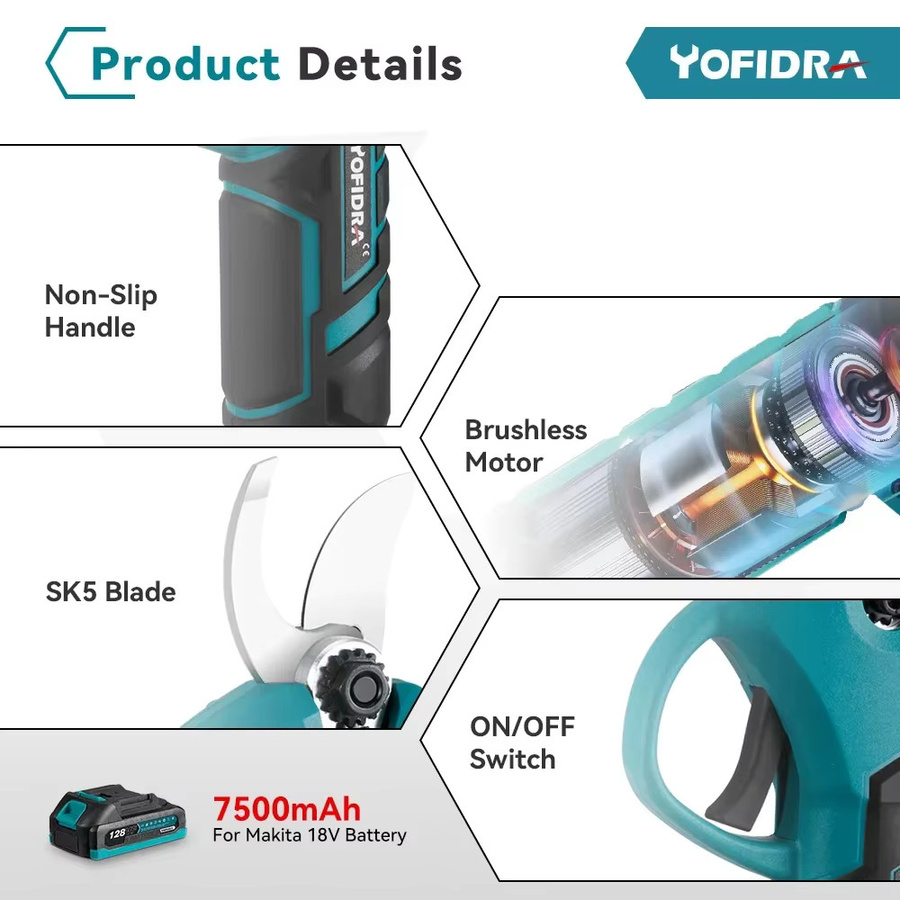 YOFIDRA Bürstenlose elektrische Astschere kabellos mit 30mm Schnittkapazität, kompatibel mit Makita 18V LXT Akku, ideal für Obstbäume und Bonsai - Bild 5