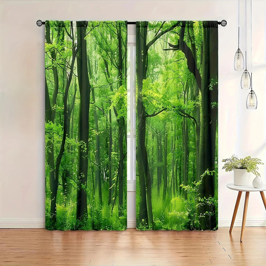 2er-Set halbtransparente Vorhänge mit Waldmuster von Household supplies MH, moderne Fensterbehandlung mit Stangentaschen, Breite: 52,5 cm, Höhe: 116 cm - Bild 2