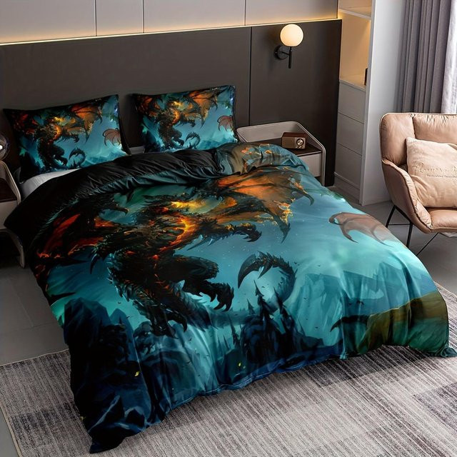 Bettbezug-Set von Your Warm Home mit Drachen-Print aus blauer Mikrofaser, B/H: 135 x 200 cm - Bild 1