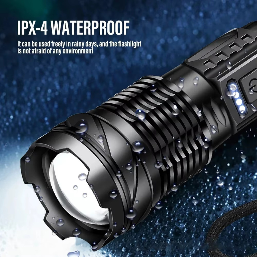Wasserdichte XHP50 LED Taschenlampe aus Aluminium in Schwarz mit Seitenlicht, 7 Modi, USB wiederaufladbar und Zoomfunktion für Camping und Angeln - Bild 3