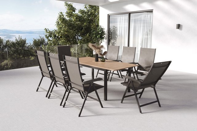 Kettler Garten-Essgruppe aus Aluminium, Textilene und Teakholz in Anthrazit mit 8 Sesseln, ausziehbar und witterungsbeständig - Bild 1