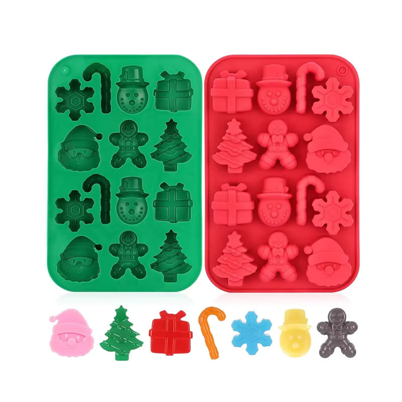 FSMHOME Silikon-Schokoladenformen für Weihnachten mit Motiven wie Weihnachtsmann, Schneemann und Lebkuchenmann in Grün für Gelee, Süßigkeiten und DIY-Backwerkzeug - Bild 3