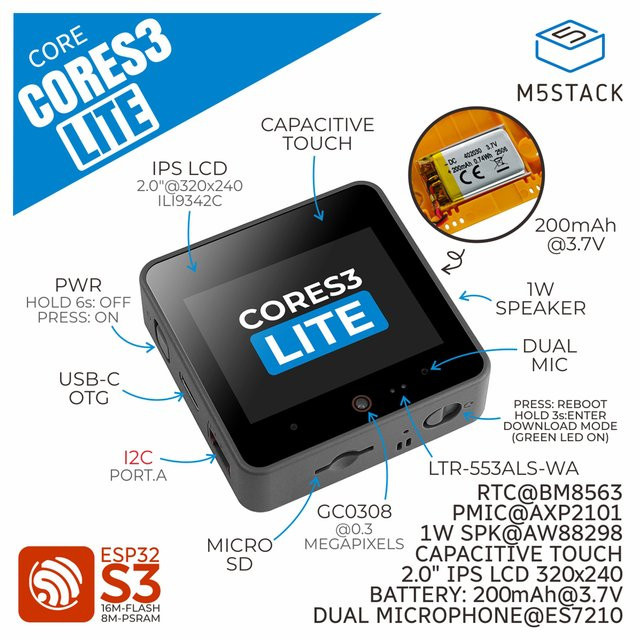 M5Stack CoreS3 Lite ESP32S3 IoT-Entwicklungsboard mit Wi-Fi und Bluetooth in Schwarz - Bild 1