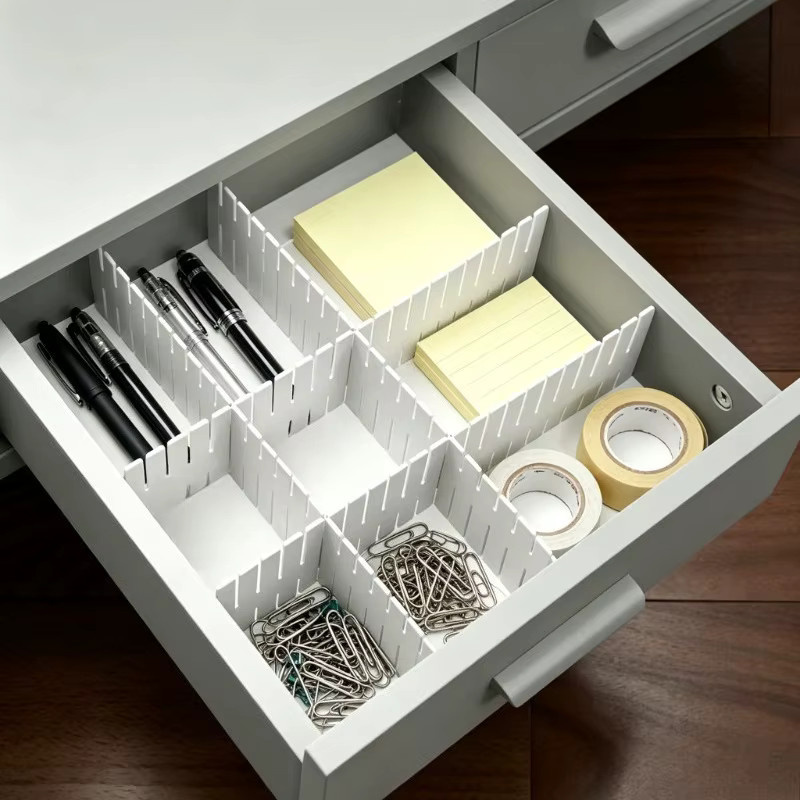 Weiße Schubladenteiler aus Kunststoff für Kleidung, Küchenutensilien und Büro, B/H/T: 37,0 x 7,0 x 4,0 cm - Bild 4