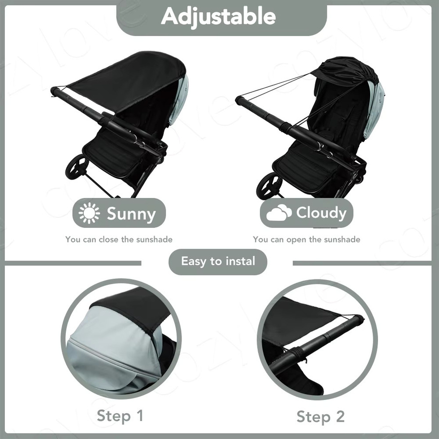 Kisslanding Universeller Sonnenschutz für Kinderwagen mit UPF 50+ UV-Schutz, wind- und wasserdicht, Grau - Bild 4