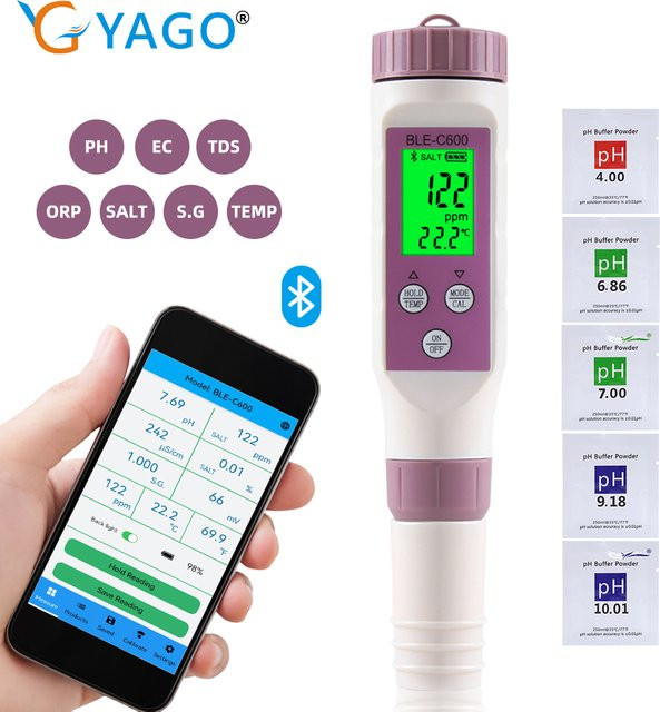 RCYAGO Digitales pH-Messgerät mit APP-Steuerung für Trinkwasser, Pool und Aquarium zur Messung von ORP, EC, Salzgehalt, S.G., Temperatur und TDS in Weiß - Bild 1