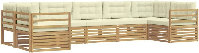 vidaXL Outdoor-Sofagarnitur aus Akazienholz in L-Form mit Kissen, 7-teilig, Weiß und Beige - Bild 1