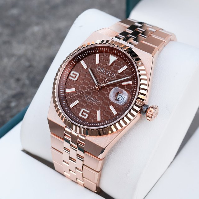 OBLVLO Armbanduhr Herren, Automatik, Roségold, braunes Zifferblatt, Edelstahl, Vintage - Bild 1