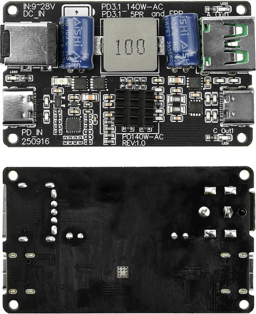 PD 140 W Hochleistungs-DC-Abwärtslademodul in Schwarz mit zwei USB-C Anschlüssen, unterstützt PD3.1, QC3.0 und QC4+ für schnelles Laden - Bild 1