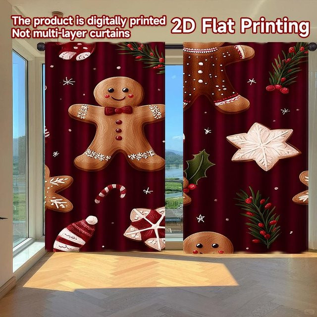 Tonnika Chen Vorhangset mit Weihnachtsmann und Lebkuchen Motiv, 2er Set, blickdicht, Multicolor, Breite: 100 cm, Höhe: 70 cm - Bild 1