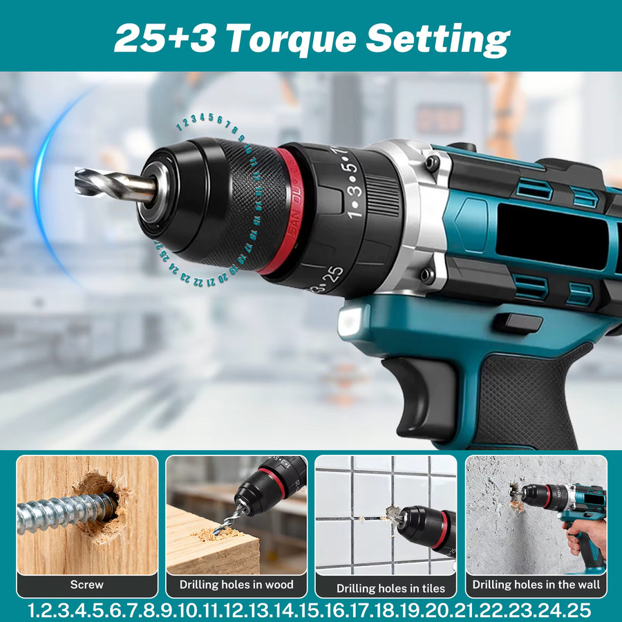 Makita 3-in-1 Elektrischer Schlagbohrer mit 25+3 Drehmoment, Kabelloser Handbohrer für Holzbearbeitung, Kompatibel mit Makita LXT 18V Akku - Bild 5
