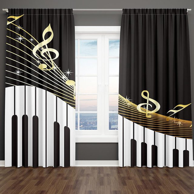 2er-Set lichtdurchlässige Vorhänge mit abstraktem Musik- und Klaviernoten-Design in Schwarz, modern und halbtransparent, Breite: 50 cm, Höhe: 130 cm - Bild 1