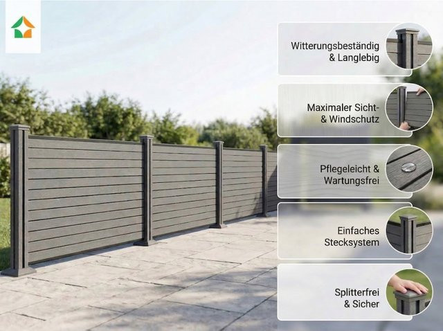 Prestige Home Living Outdoor WPC-Sichtschutzzaun Valla in Grau mit 5 Elementen und 6 Pfosten - Bild 1