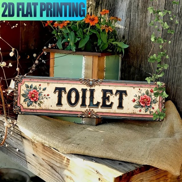 HELLOYOUNG Vintage Toilettenschild aus Metall mit floralem Design in Multicolour, Wandtafel für Bauernhaus-Stil und Cafés, Breite: 40 cm, Höhe: 10 cm - Bild 1