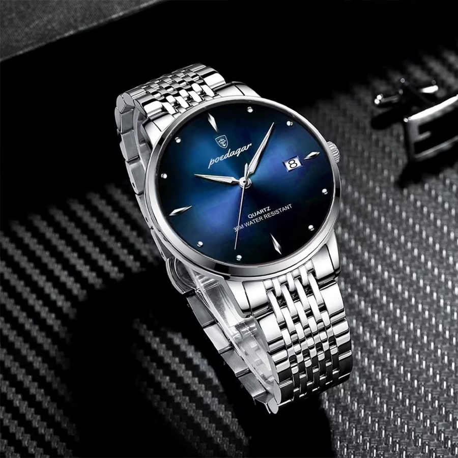 POEDAGAR Armbanduhr Quarz, Edelstahl, Blau, Herren - Bild 2