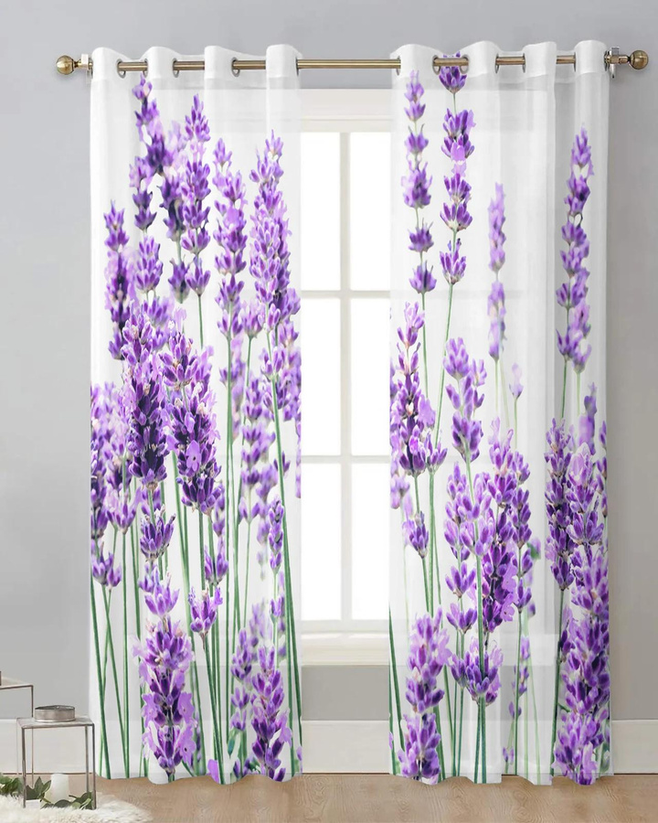 Transparente Tüll-Vorhänge mit floralem Lavendel-Design in Lila und Weiß, Organza-Fenstergardine für Wohnzimmer und Küche, Breite: 135 cm, Höhe: 115 cm - Bild 1