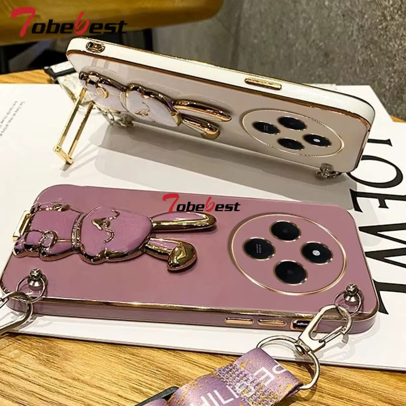 Silikonhülle mit Lanyard und Kaninchen-Halterung für Xiaomi Redmi 14 Pro und 14C 5G in Schwarz - Bild 3