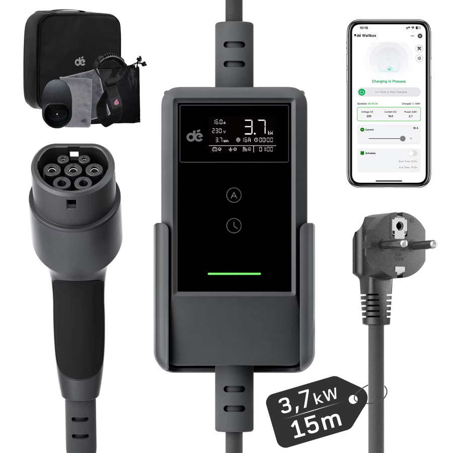 dé 3,7kW Auto Ladegerät Typ 2 mit App, 1-phasig, 6A–16A Stromregulierung, Schuko Plug & Play für EV und PHEV, Schwarz, Ladekabel Länge: 15 m - Bild 8