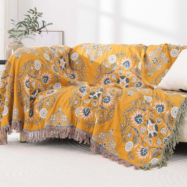 Cozy Haven Wendbarer Sofaüberwurf aus Leinen und Baumwolle mit floraler Stickerei und Quasten in Gelb, B/T: 150 x 200 cm - Bild 1