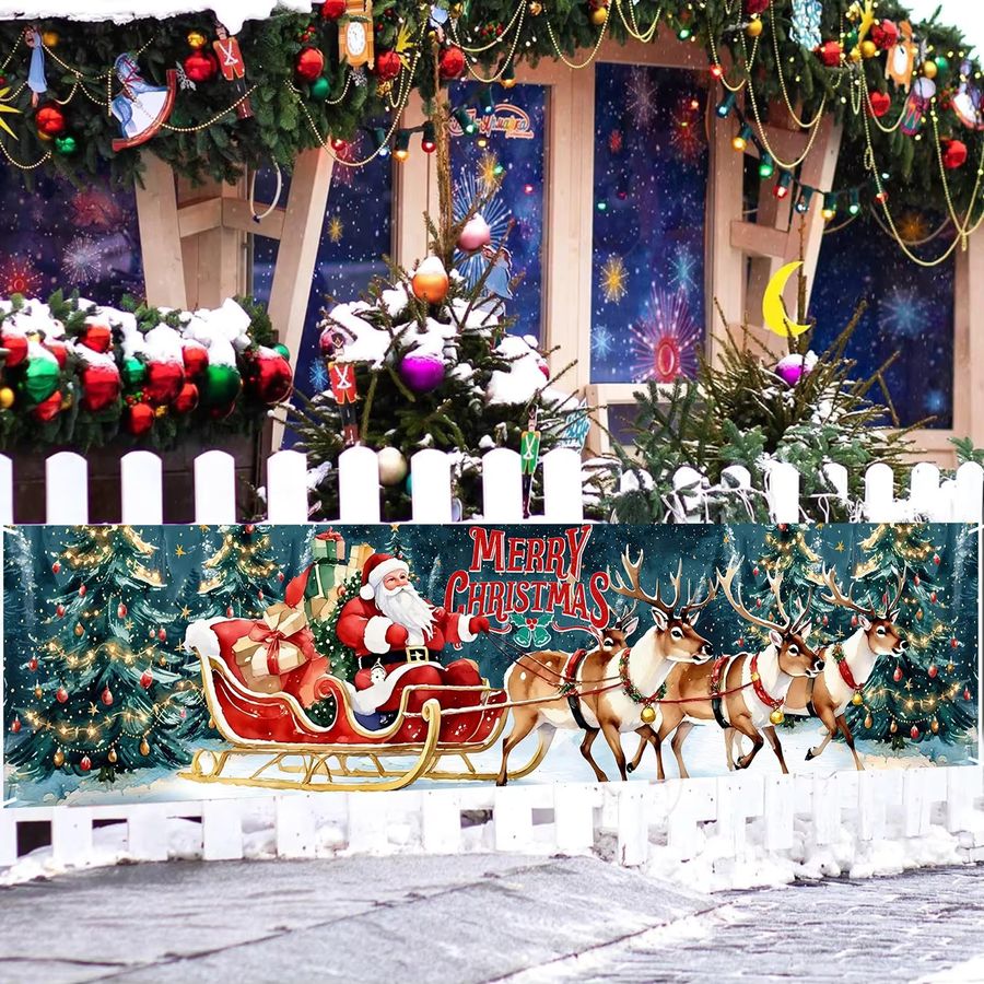 VIKAMA Frohe Weihnachten Banner mit Weihnachtsmann und Rentier zur Weihnachtsfeier und Neujahrsdekoration - Bild 2