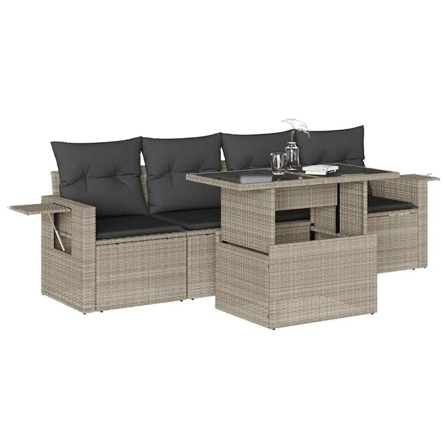vidaXL 5-teilige Garten-Sofagarnitur aus Poly-Rattan mit Kissen in Hellgrau - Bild 2