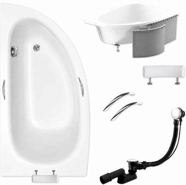 KOLMAN Eckbadewanne aus Acryl in Weiß, linksseitig mit Styroporverkleidung, Ablauf und Füßen, B/T: 150 x 70 cm - Bild 1