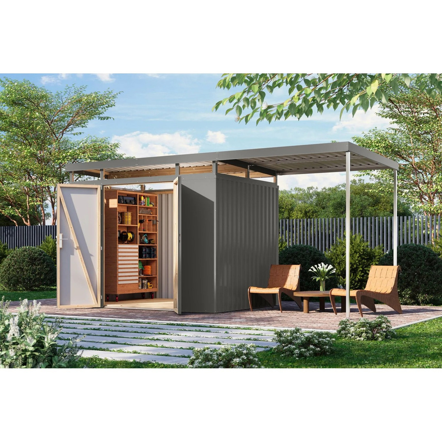 Karibu Metallgerätehaus Argos 3 mit Anbaudach in Graualuminium - Bild 2