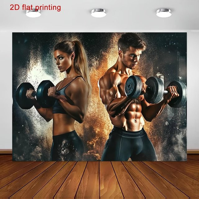 Fitness Motivationsposter Pure Tee Wandkunst mit muskulösem Mann und Frau beim Hanteltraining, Mehrfarbig, Breite: 150 cm, Höhe: 180 cm - Bild 1