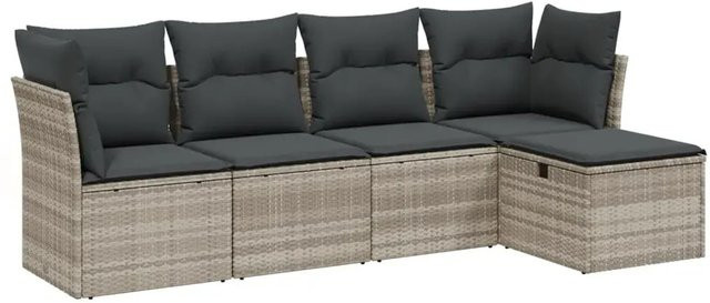 vidaXL 5-tlg. Garten-Sofagarnitur in L-Form mit Kissen und Ottoman, Hellgrau, Poly-Rattan mit Metallgestell - Bild 1