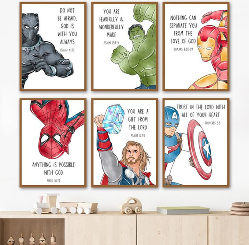 Rahmenloses Leinwandgemälde von KAYOU mit Superhelden und Bibelversen, mehrfarbiger Kunstdruck im Hochformat für Kinder - Bild 1