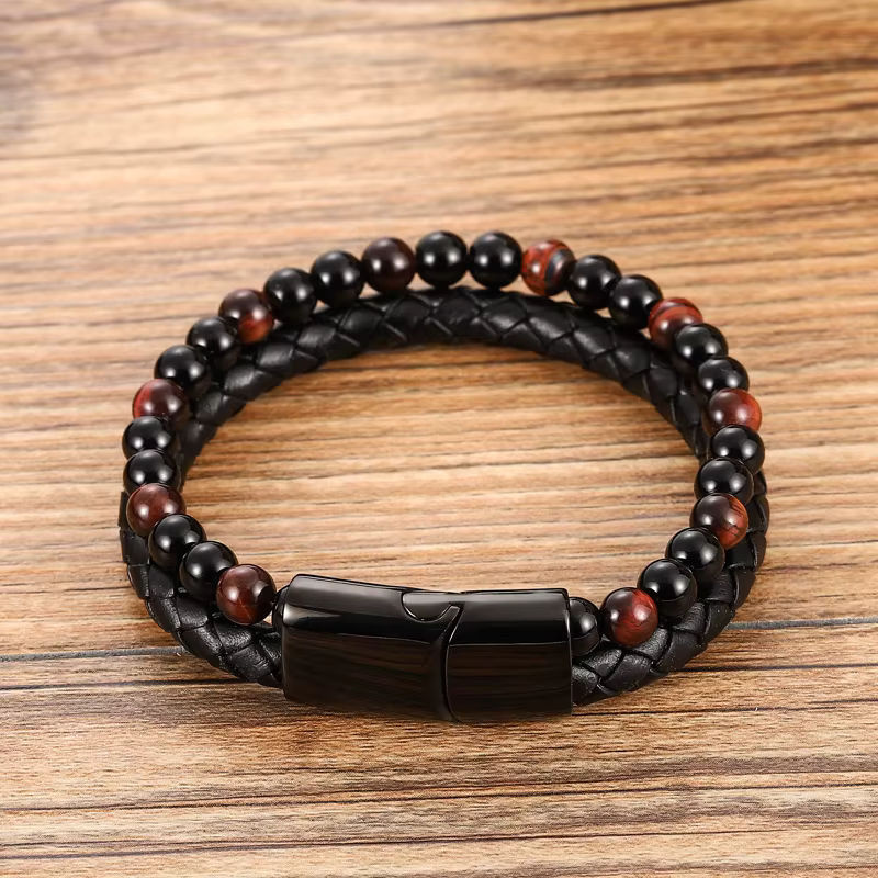 Charm Herren Armband aus Leder, Naturstein und Edelstahl in Schwarz mit Magnetverschluss - Bild 2