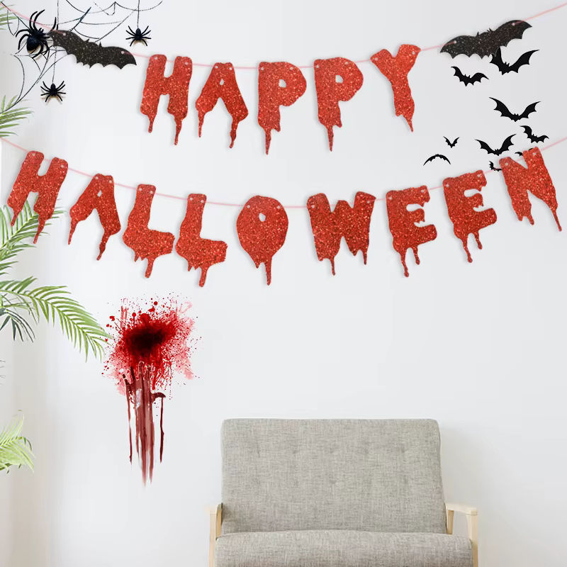 Happy Halloween Banner aus rotem Glitzer-Papier mit Fledermaus-Motiv als hängende Wanddeko - Bild 2