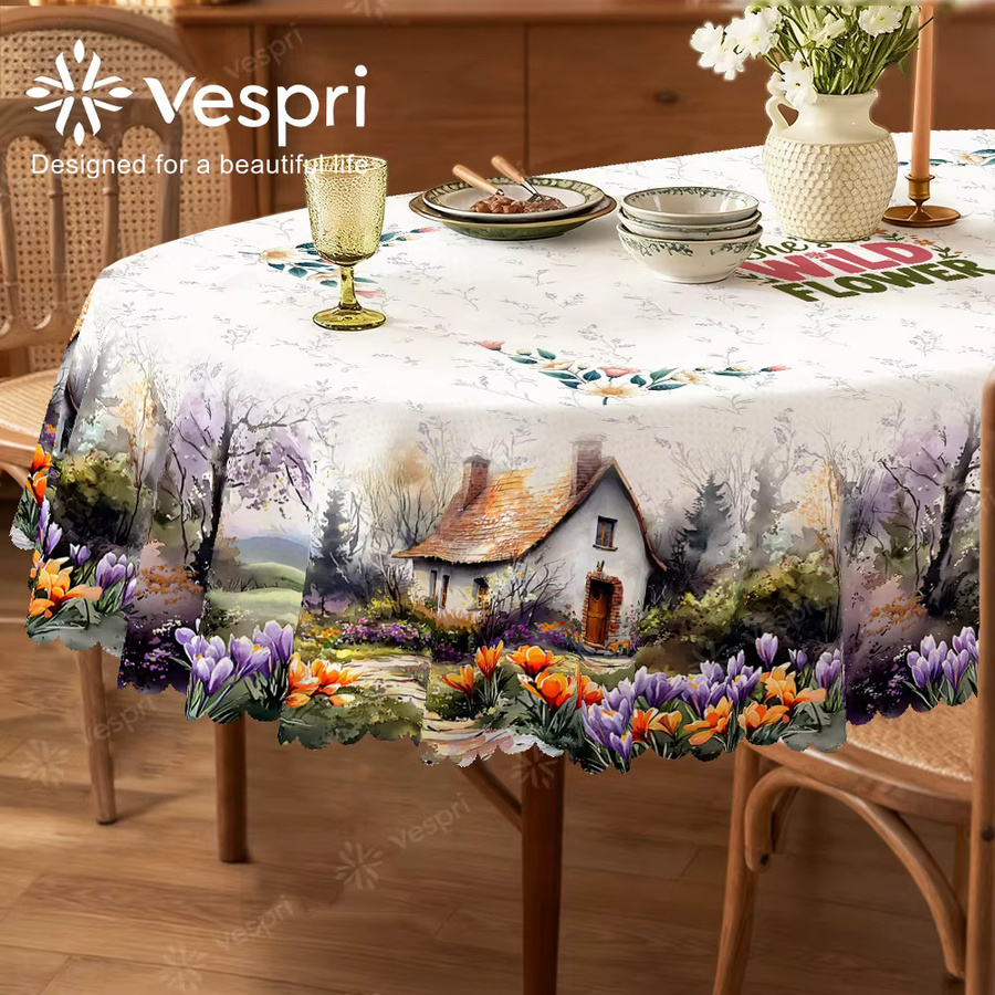 Vespri Oster-Tischdecke mit Frühlings-Blumenmuster in Pastellweiß und Lila aus Polyester - Bild 2