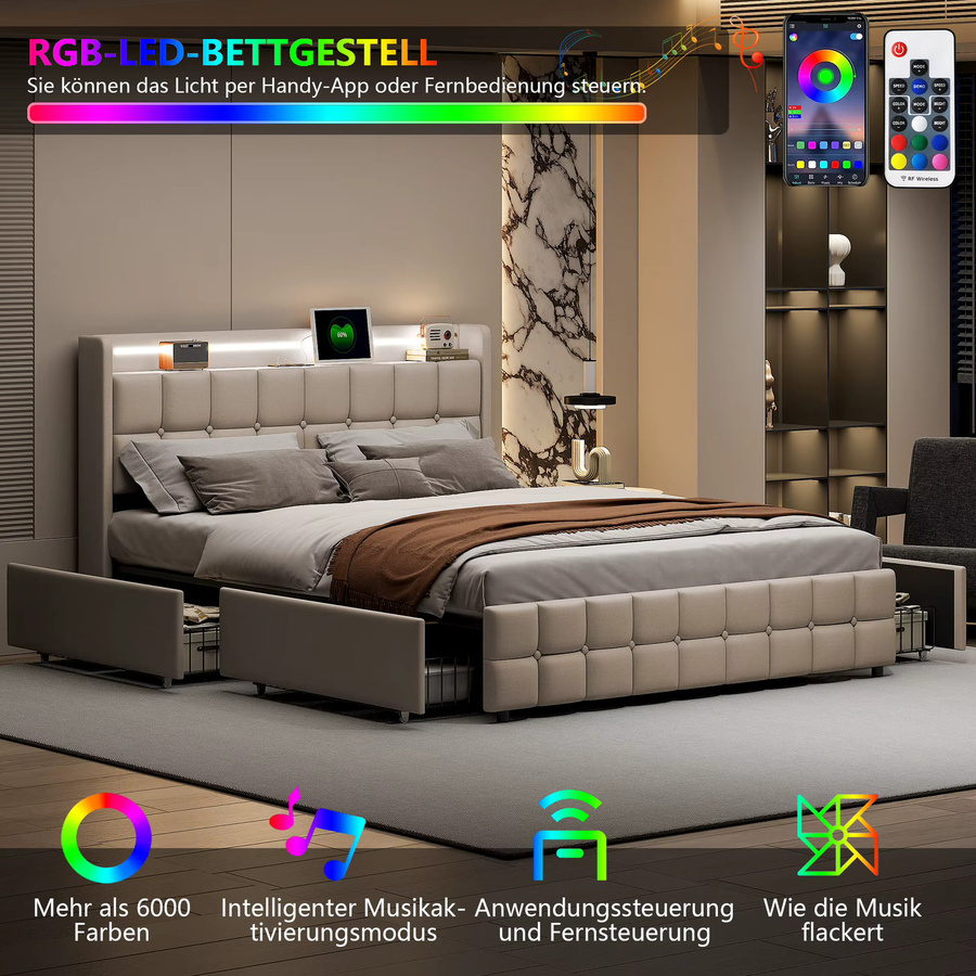 FANGANGE Modernes Polsterbett mit Stauraum und LED-Beleuchtung in Beige, Doppelbett mit 4 Schubladen und USB-Ladestation aus Leinenstoff, B/T: 160 x 200 cm - Bild 2